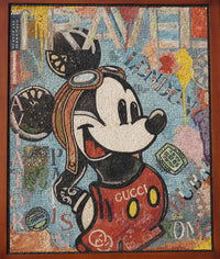 Colorful mosaic artwork featuring a vintage Mickey Mouse in a red outfit with goggles, framed against a textured background.
