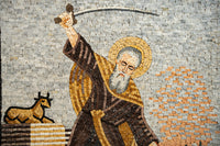 Mosaic artwork depicting a saint wielding a sword with intricate stone detailing and warm earthy tones in the background