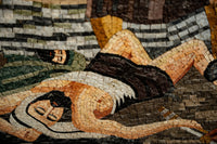 Intricate mosaic artwork depicting a reclining figure in earthy tones — showcasing detailed craftsmanship and texture.