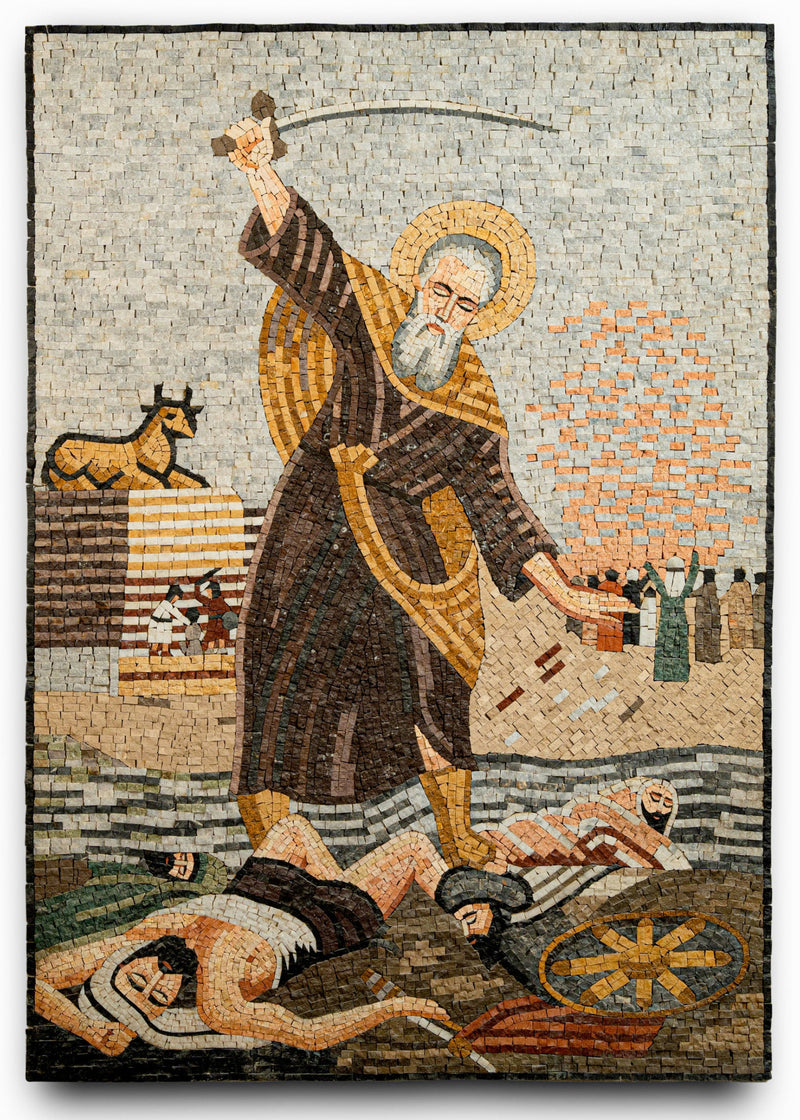 Intricate mosaic artwork depicting a saint wielding a sword over a battlefield — vibrant colors and detailed textures create a striking scene.