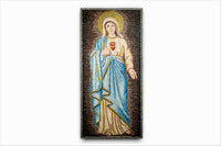 Intricate mosaic artwork depicting a serene figure in flowing robes, featuring vibrant blue and gold tones with a heart motif.