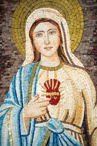 Intricate mosaic art depicting a serene figure with a golden halo and blue robes, holding a heart symbol.