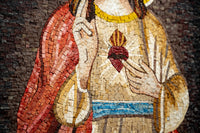 Intricate mosaic artwork depicting a figure with a red robe and gold accents — detailed craftsmanship showcasing vibrant colors.