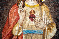 Intricate mosaic artwork depicting a figure with a heart symbol, featuring warm tones and detailed craftsmanship.