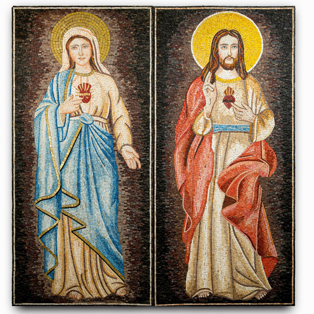 Religious mosaic artwork featuring the Virgin Mary in blue robes and Jesus in red, both with sacred hearts illuminated by halos.