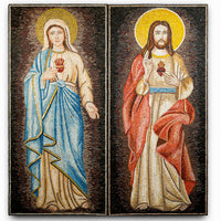 Religious mosaic artwork featuring the Virgin Mary in blue robes and Jesus in red, both with sacred hearts illuminated by halos.