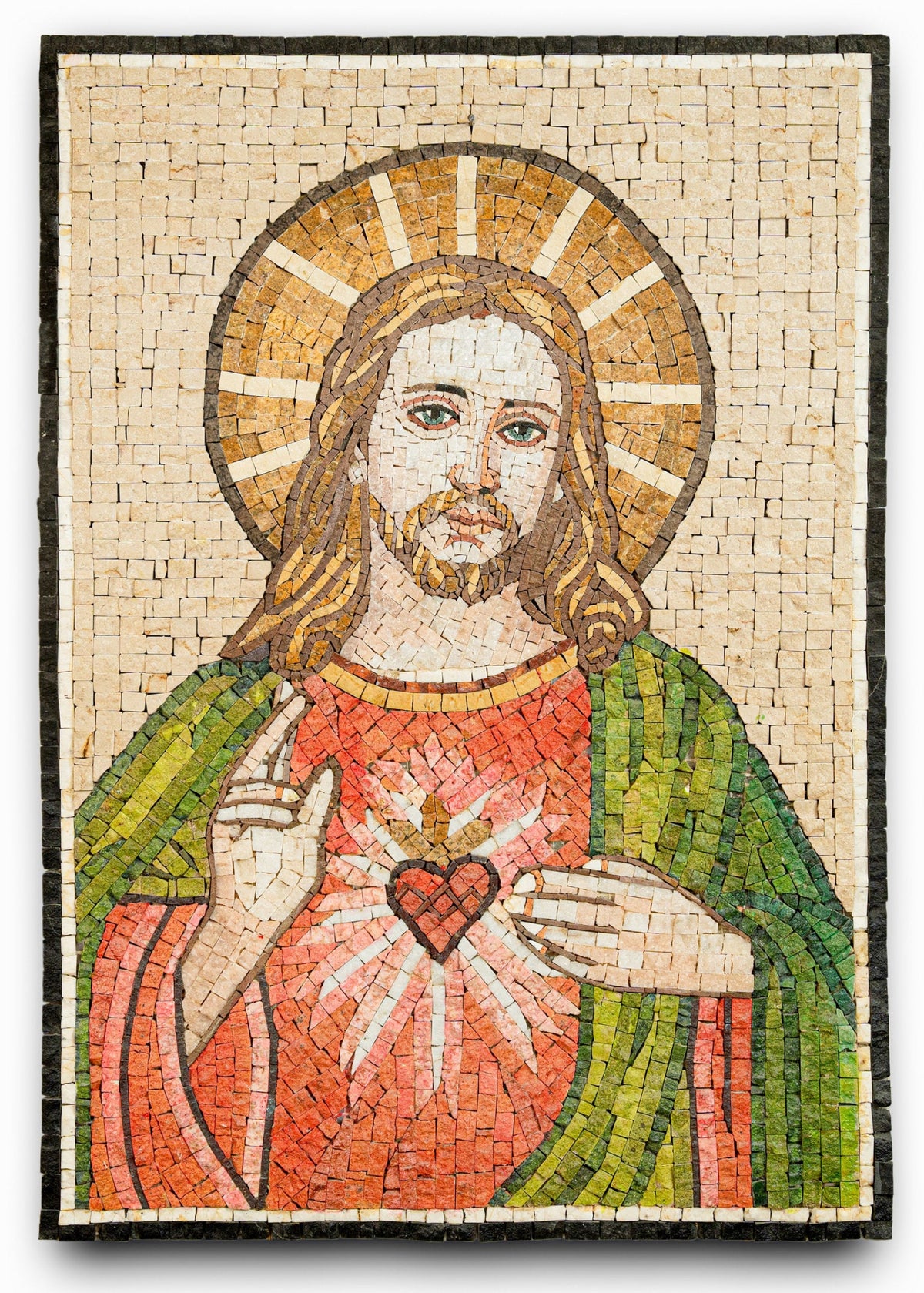 Intricate mosaic art depicting Jesus with a radiant heart, featuring vibrant colors and detailed craftsmanship on a textured surface.