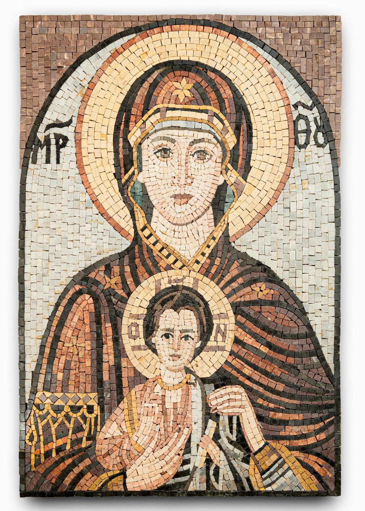 Intricate mosaic art depicting a religious figure with a child, showcasing vibrant earth tones and detailed craftsmanship.