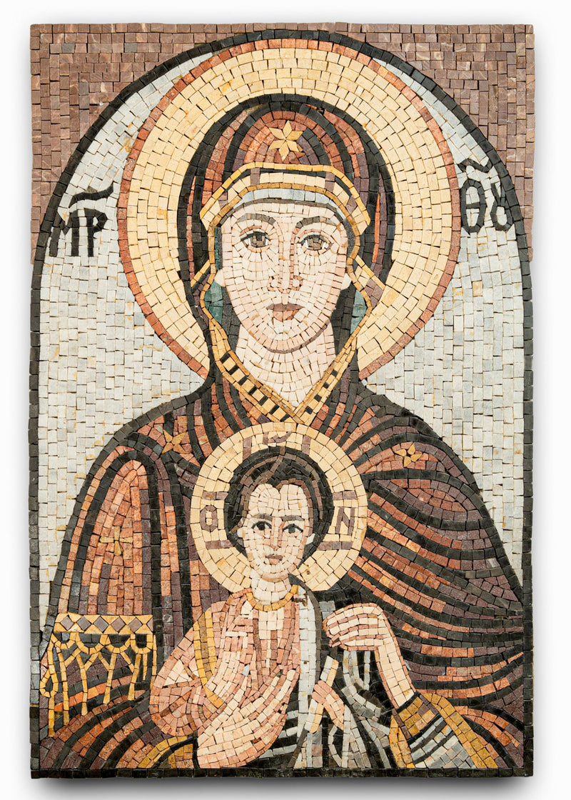 Intricate mosaic art depicting a religious figure with a child, showcasing vibrant earth tones and detailed craftsmanship.