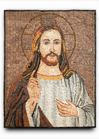 Intricate mosaic artwork depicting Jesus Christ with warm tones and detailed textures, showcasing craftsmanship and spirituality.