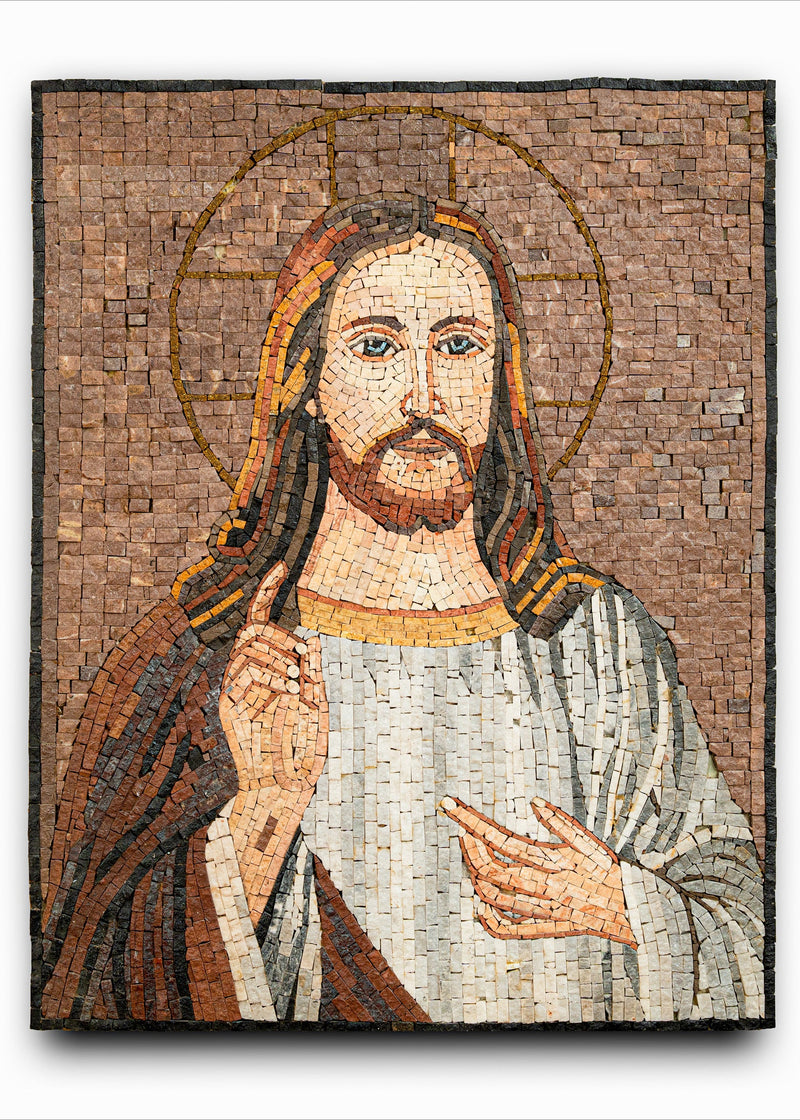 Intricate mosaic artwork depicting Jesus Christ with warm tones and detailed textures, showcasing craftsmanship and spirituality.