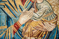 Intricate mosaic artwork featuring hands reaching out in warm earth tones — a blend of textured tiles creating depth.
