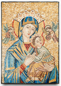 Intricate mosaic artwork depicting a serene mother and child in soft pastel tones with golden accents and detailed angelic figures.