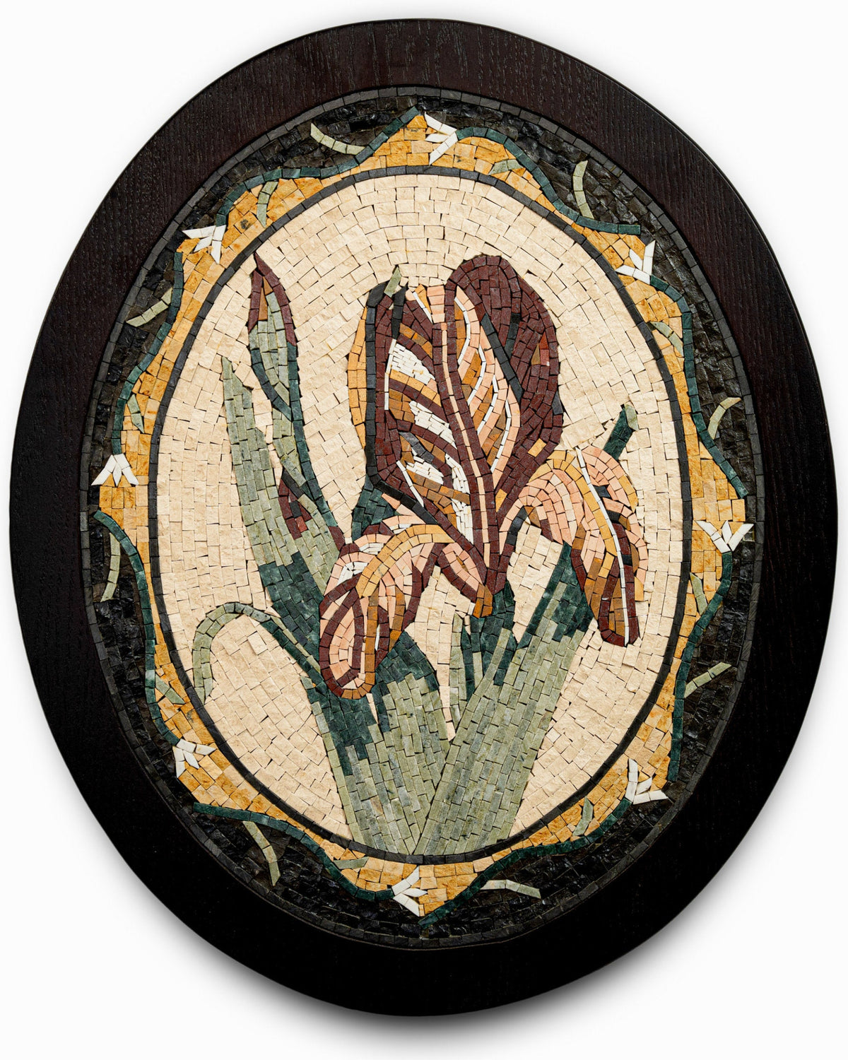 Intricate mosaic wall art featuring a blooming iris design in earthy tones—crafted with detailed tile work on a wooden frame.