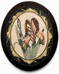 Intricate mosaic wall art featuring a blooming iris design in earthy tones—crafted with detailed tile work on a wooden frame.
