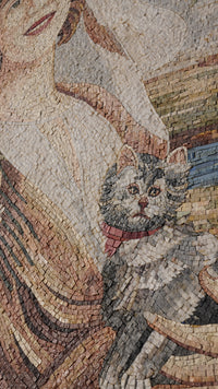 Joyful Lady with Flowers and Cat – Handcrafted Stone Mosaic