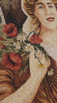 Joyful Lady with Flowers and Cat – Handcrafted Stone Mosaic