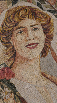Joyful Lady with Flowers and Cat – Handcrafted Stone Mosaic