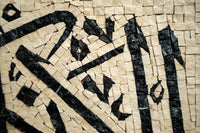 Intricate mosaic artwork featuring black and cream tiles — a striking blend of geometric patterns and textures.