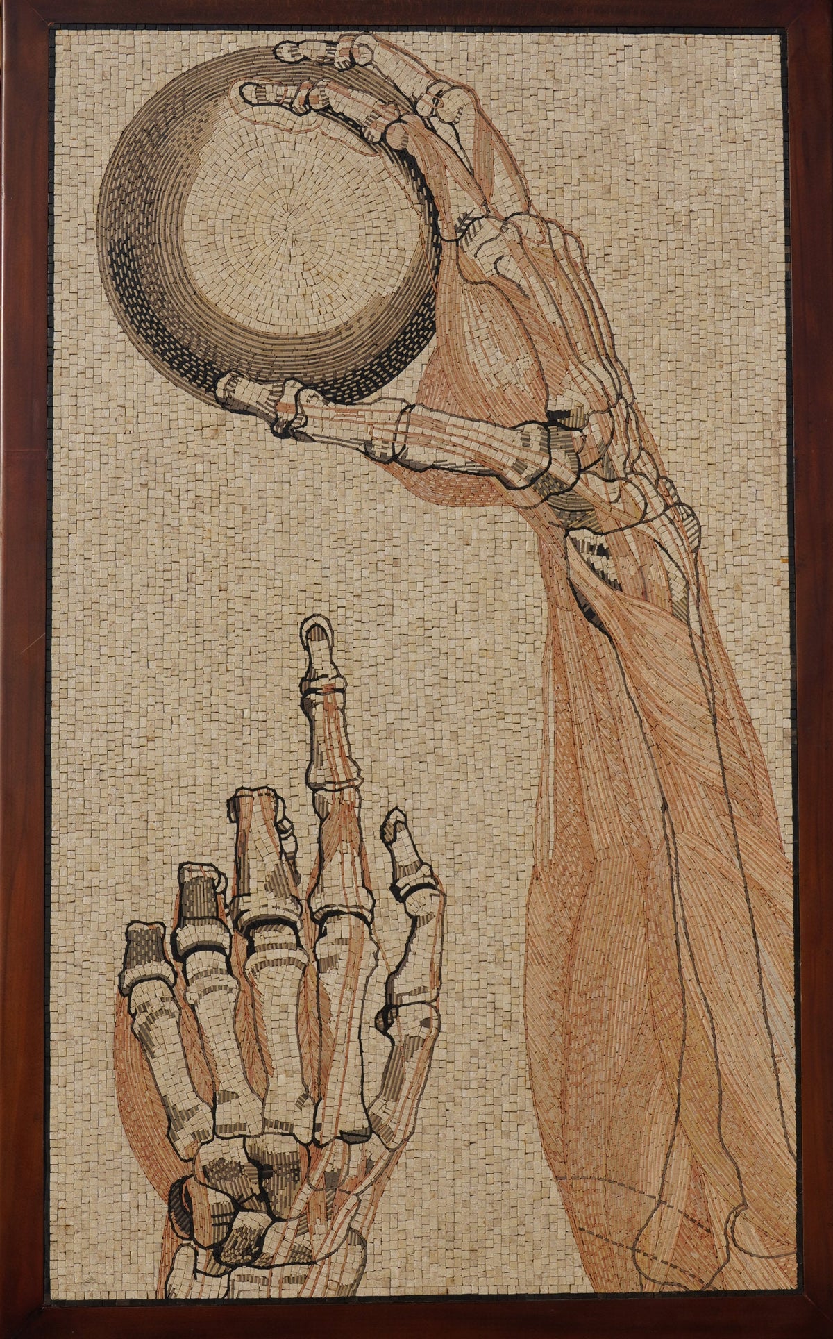 Intricate mosaic artwork depicting a skeletal hand holding a sphere, showcasing detailed anatomical features and textures.