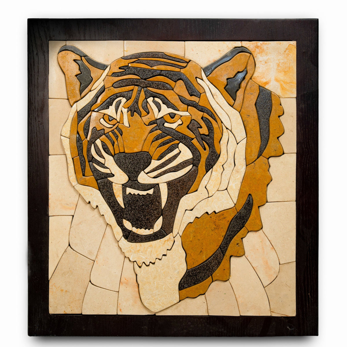 Intricate tiger mosaic art piece featuring warm earth tones and detailed textures framed in dark wood