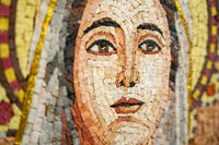 Intricate mosaic artwork depicting a serene face with warm earth tones and subtle gold accents — a captivating blend of texture and detail.