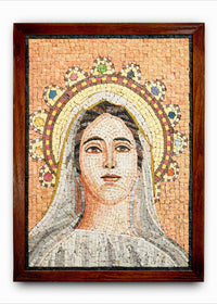 Intricate mosaic artwork framed in rich wood, depicting a serene figure with a halo and soft facial features.