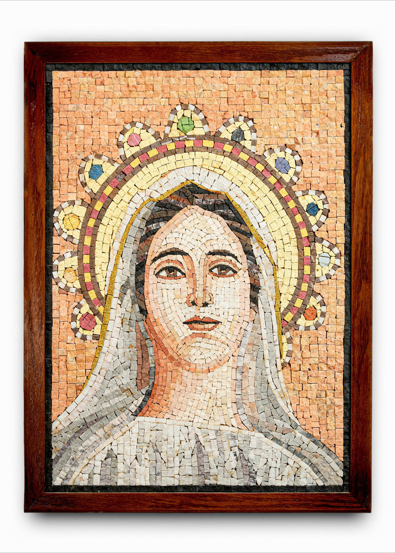 Intricate mosaic artwork framed in rich wood, depicting a serene figure with a halo and soft facial features.