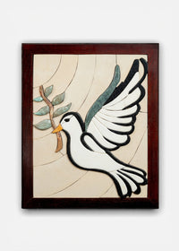 Artistic wall decor featuring a white dove in flight with a branch, set in a wooden frame with intricate detailing.