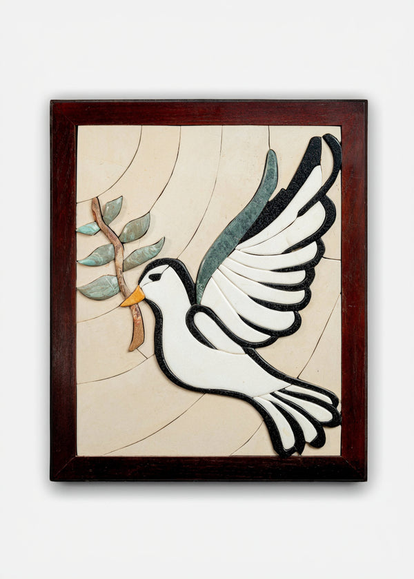 Artistic wall decor featuring a white dove in flight with a branch, set in a wooden frame with intricate detailing.