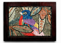 Colorful mosaic artwork featuring a vibrant bird perched on a branch — intricate tile design with natural hues and textures