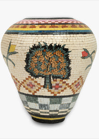 Intricately designed mosaic vase featuring a tree motif and floral accents in vibrant colors — perfect for adding artistic flair.