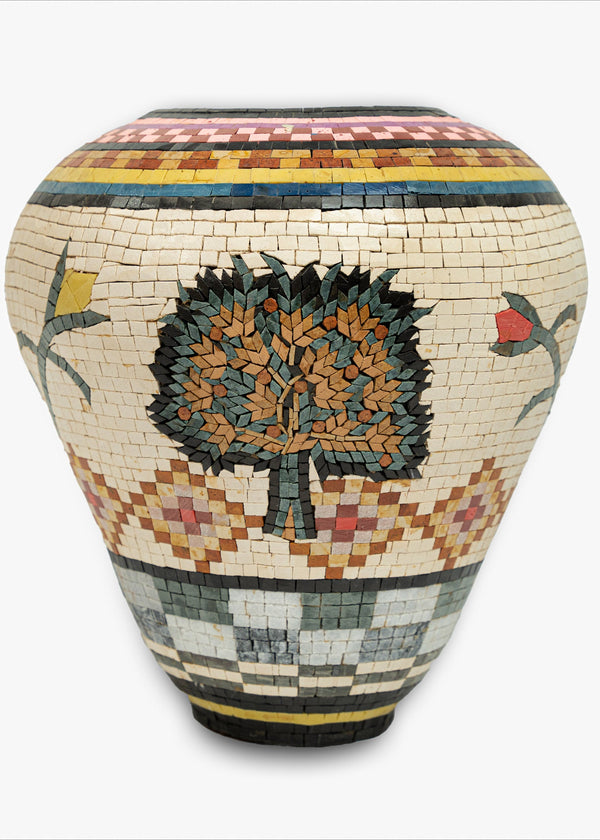Intricately designed mosaic vase featuring a tree motif and floral accents in vibrant colors — perfect for adding artistic flair.