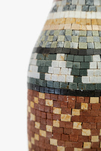 Intricate mosaic vase crafted from natural stone in warm earthy tones — showcasing detailed craftsmanship and texture.