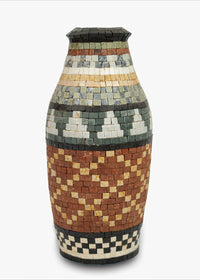 Artisanal mosaic vase featuring intricate patterns in earthy tones and a textured finish that enhances its handcrafted charm