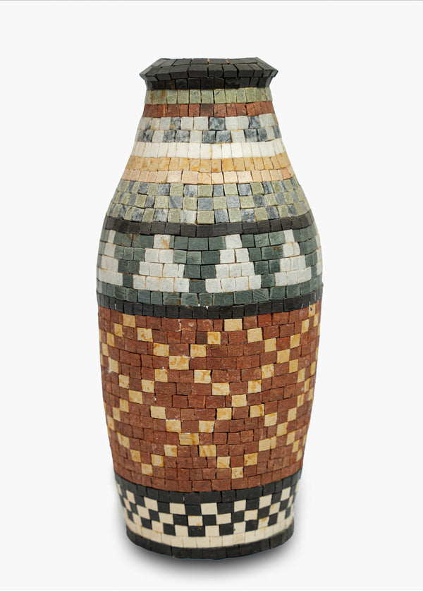 Artisanal mosaic vase featuring intricate patterns in earthy tones and a textured finish that enhances its handcrafted charm