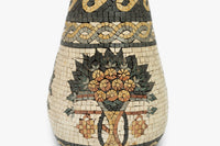 Intricate mosaic vase featuring a floral design in earthy tones—crafted from hand-cut stone tiles for a unique texture.