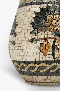 Intricate mosaic vase featuring a floral design in earthy tones with a textured finish that highlights its artisanal craftsmanship