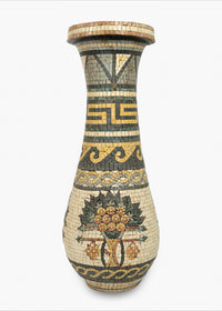 Intricately designed mosaic vase featuring floral patterns in earthy tones — a striking decorative piece with a vintage finish.