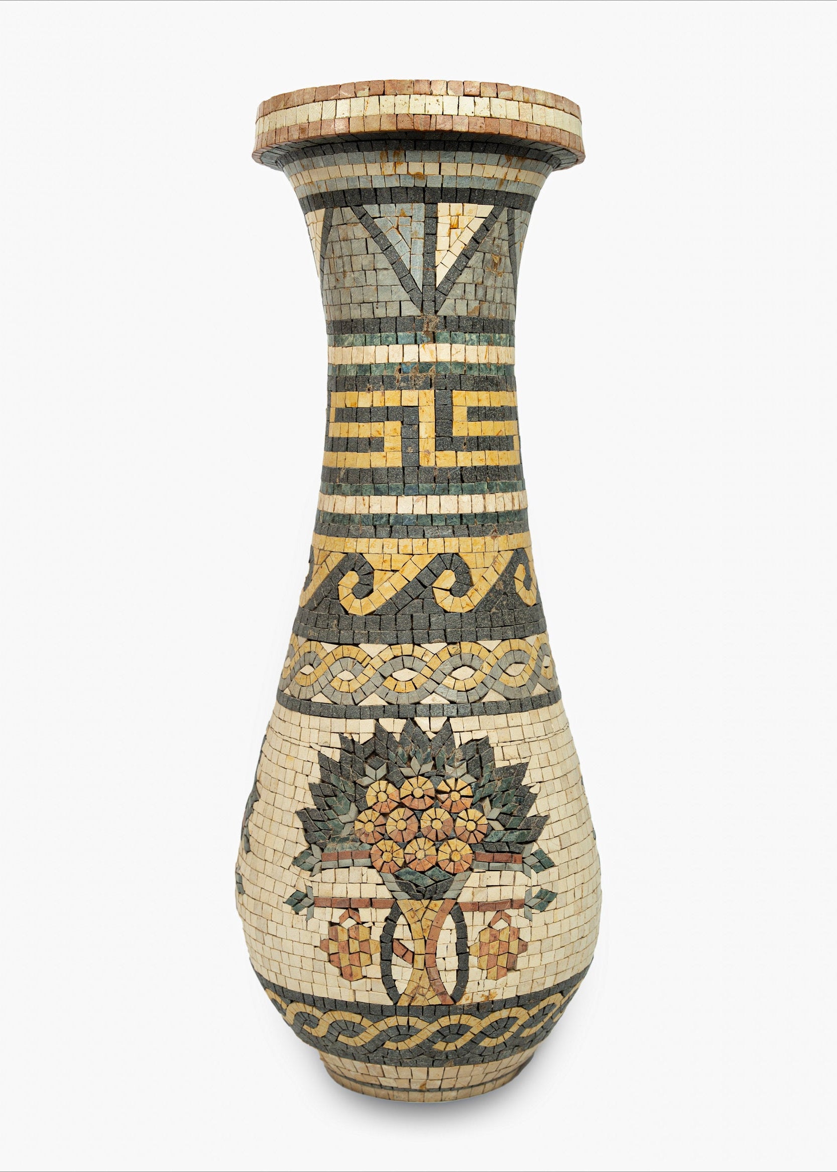 Intricately designed mosaic vase featuring floral patterns in earthy tones — a striking decorative piece with a vintage finish.