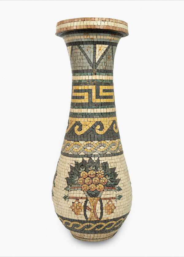 Intricately designed mosaic vase featuring floral patterns in earthy tones — a striking decorative piece with a vintage finish.