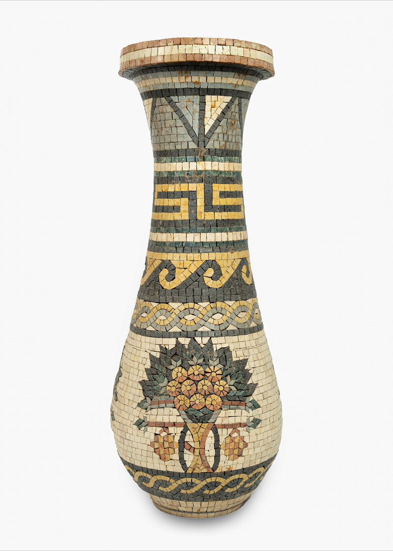 Intricately designed mosaic vase featuring floral patterns in earthy tones — a striking decorative piece with a vintage finish.