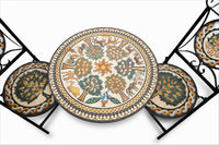 Intricate mosaic table featuring vibrant floral designs and wildlife motifs — complemented by elegant black iron legs.