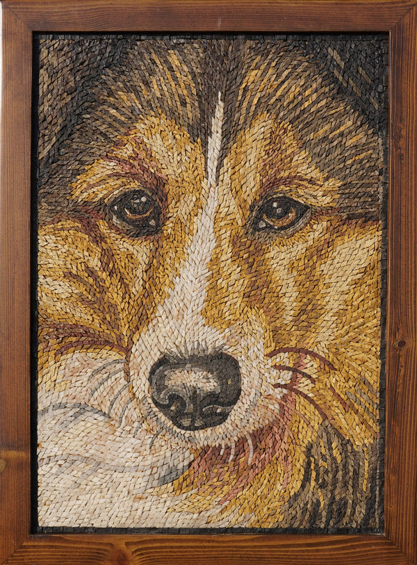 Intricate wood mosaic art featuring a dog's face in warm browns and golds — detailed craftsmanship with expressive eyes