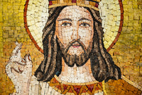 Intricate mosaic art depicting a serene figure with a golden halo—each tile showcases vibrant earth tones and textures.