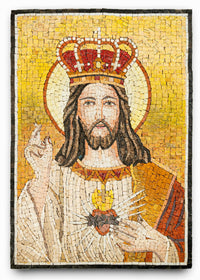 Intricate mosaic artwork depicting a crowned figure with a heart, showcasing vibrant colors and detailed craftsmanship.