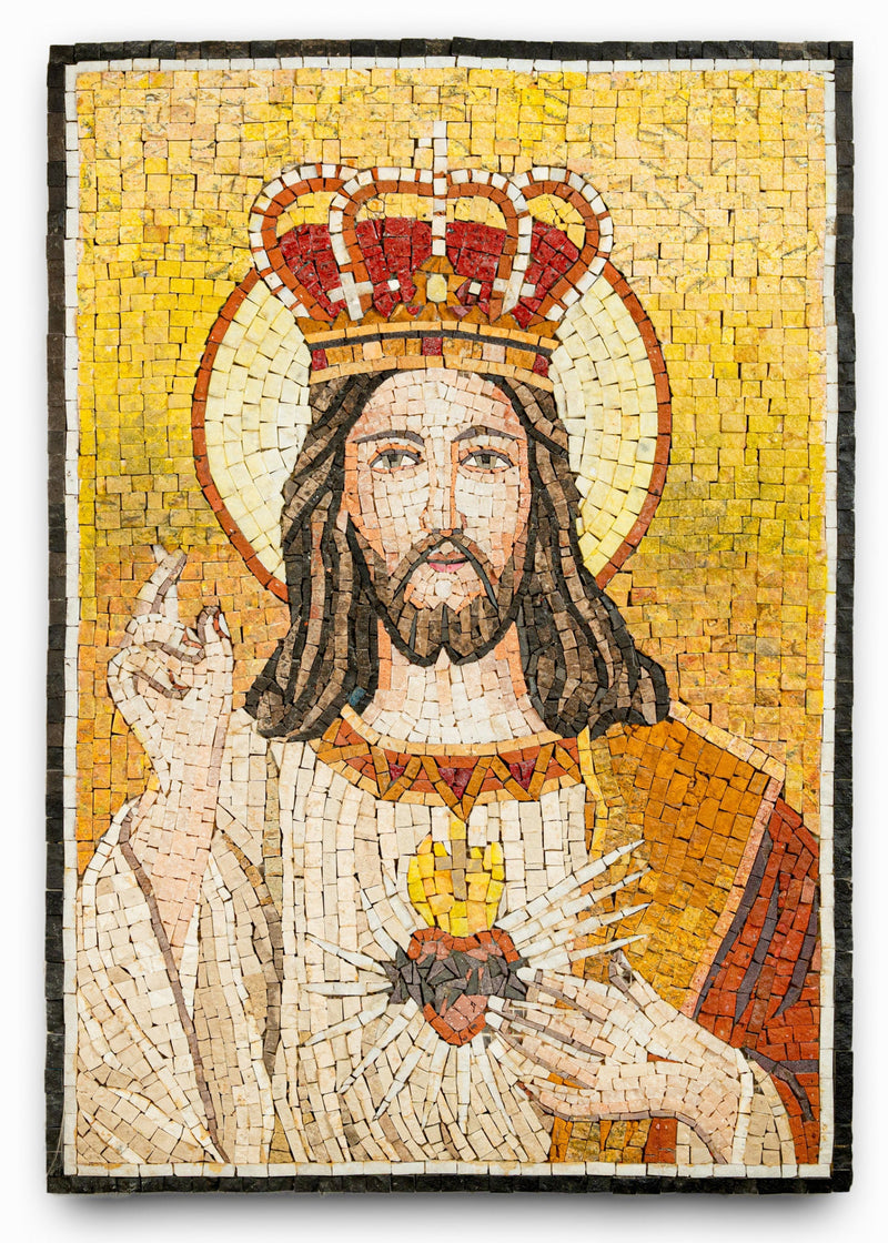 Intricate mosaic artwork depicting a crowned figure with a heart, showcasing vibrant colors and detailed craftsmanship.
