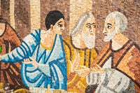 Intricate mosaic artwork depicting three figures in conversation, featuring vibrant blue, brown, and white tiles.