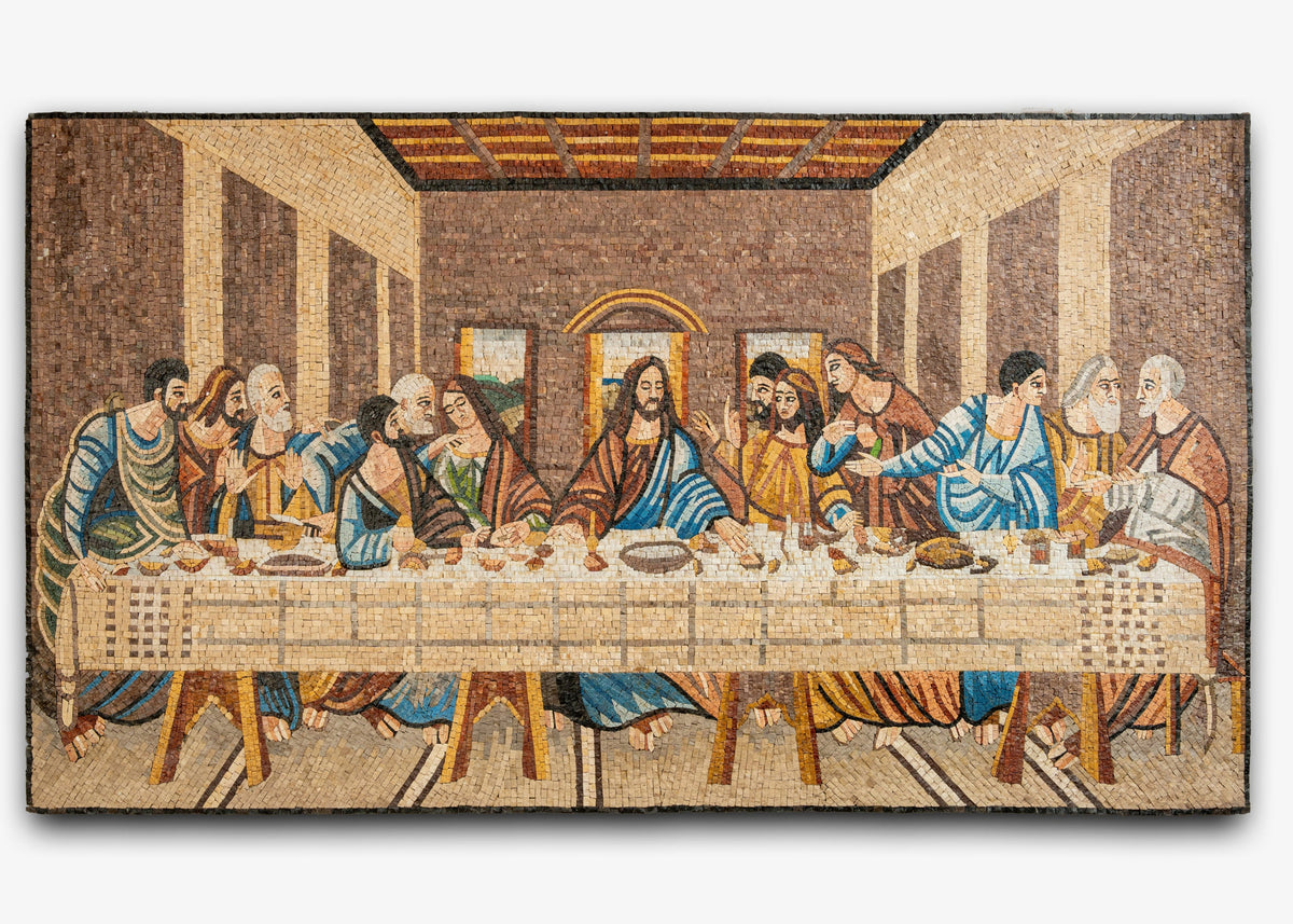 Intricate mosaic art depicting the Last Supper, featuring vibrant colors and detailed expressions of the figures around the table.