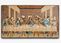 Intricate mosaic art depicting the Last Supper, featuring vibrant colors and detailed expressions of the figures around the table.